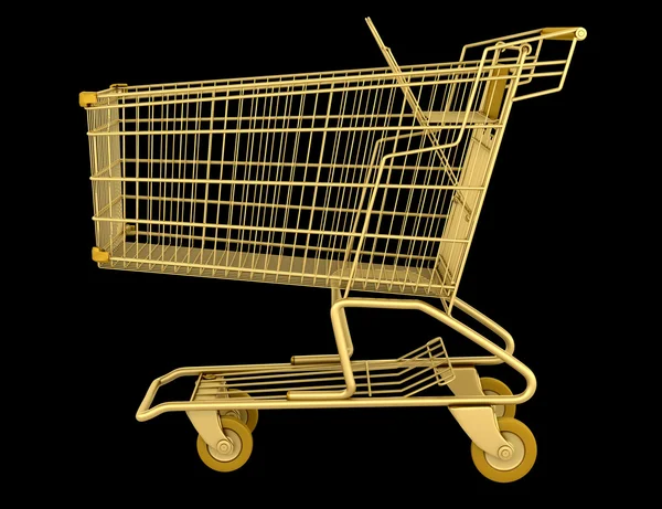 Golden empty shopping cart isolated on black background — Stock Photo, Image