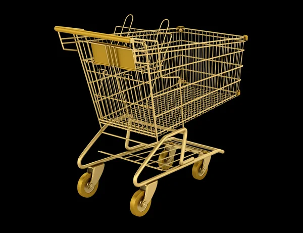 Golden empty shopping cart isolated on black background — Stock Photo, Image