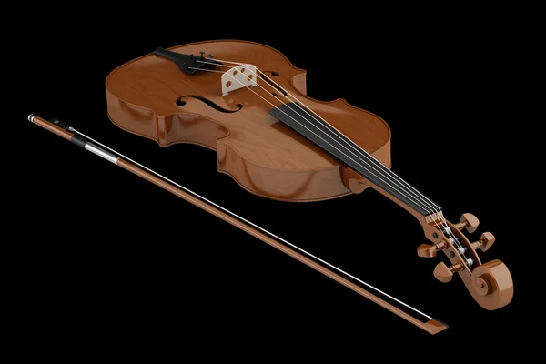Violino marrom com arco isolado em fundo preto — Fotografia de Stock