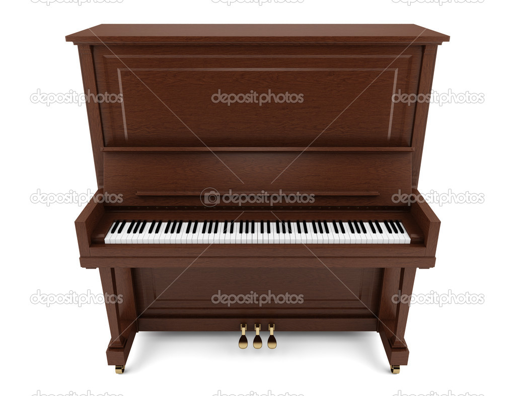 brown upright piano isolated on white background