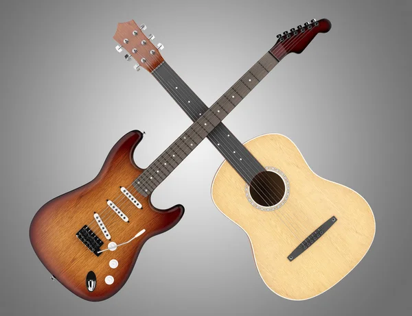 Дві акустичні та електричні гітари ізольовані на сірому фоні — стокове фото