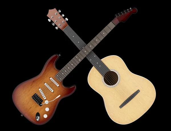 Две акустические и электрические гитары на черном фоне — стоковое фото