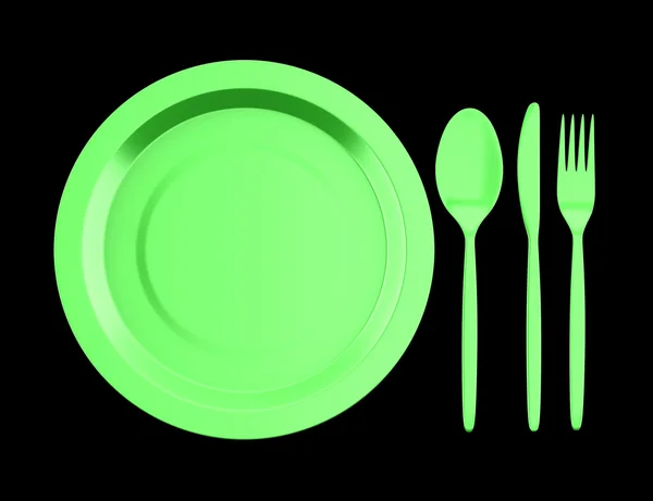 Empty green plate with knife, fork and spoon isolated on black b — Stock Photo, Image