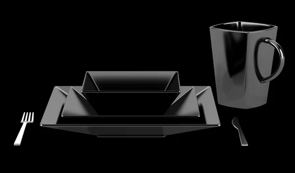 黒の背景上に分離されてカップと黒いテーブル設定 — ストック写真