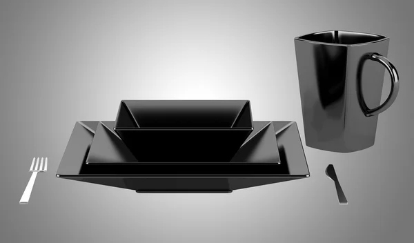 Configuração de mesa preta com copo isolado no fundo cinza — Fotografia de Stock