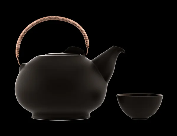 陶瓷日本茶壶和杯子黑色背景上孤立 — 图库照片