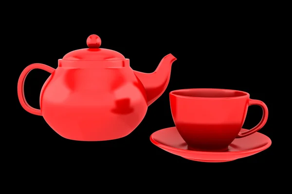 Tetera y taza rojas aisladas sobre fondo negro —  Fotos de Stock
