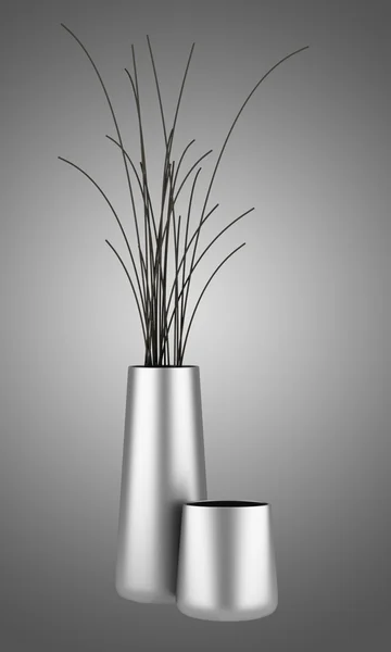 Two chrome vases with dry wood isolated on gray background — Stock Photo, Image