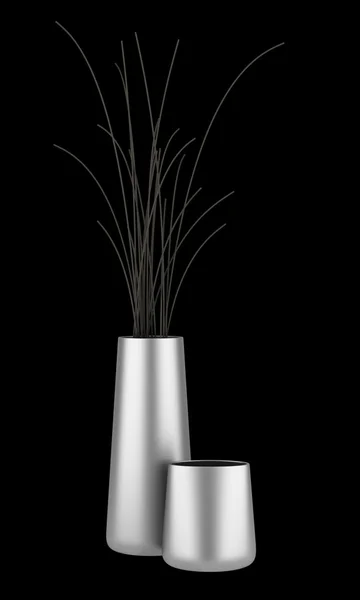 与干燥木材隔绝在黑色背景上的两个铬花瓶。 — Stock fotografie