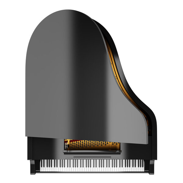 top view of black grand piano isolated on white background