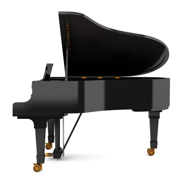 흰색 배경에 고립 된 검은 그랜드 피아노의 측면 보기 — 스톡 사진
