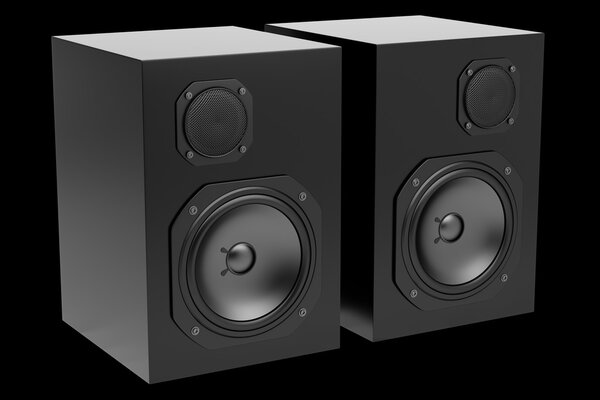 Two black audio speakers isolated on black background