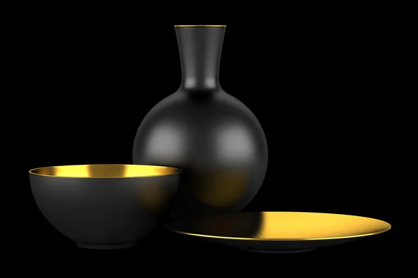 Black vase with bowls isolated on black background — Stock Photo, Image