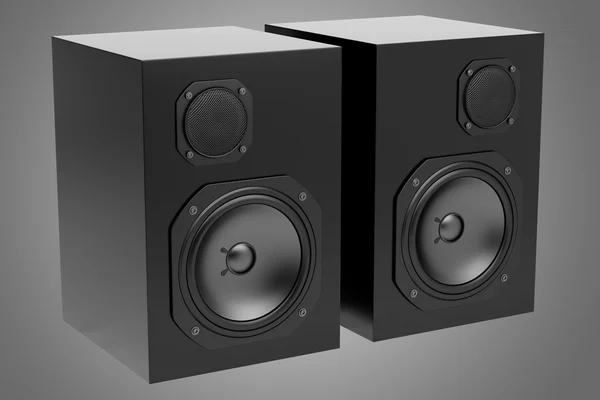 Due altoparlanti audio neri isolati su sfondo grigio — Foto Stock