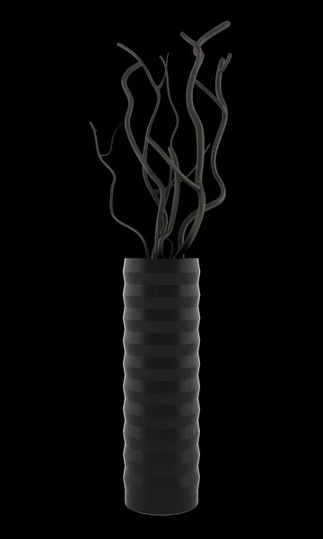 Black vase with dry wood isolated on black background — Stock Photo, Image