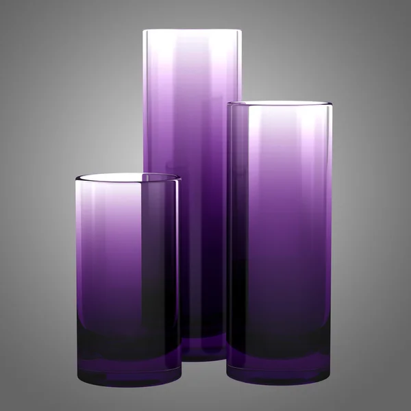 Three purple glass vases isolated on gray background — Stock Photo, Image