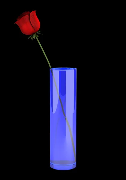 Jarrón de cristal azul con rosa aislada sobre fondo negro — Foto de Stock