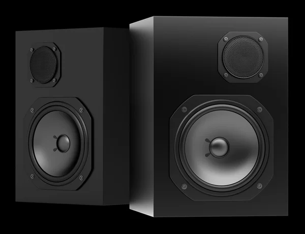 Two black audio speakers isolated on black background — Stock Photo, Image