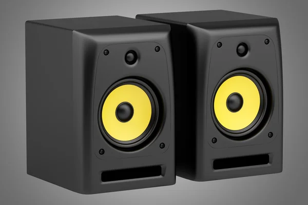 Two black audio speakers isolated on gray background — Stock Photo, Image