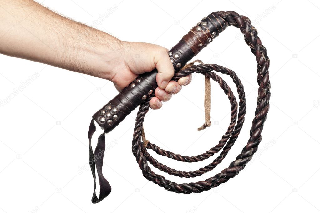 male hand holding brown leather whip isolated on white backgroun