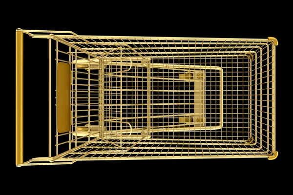 Pohled shora zlatý prázdný nákupní vozík izolovaných na černé backgro — Stock fotografie