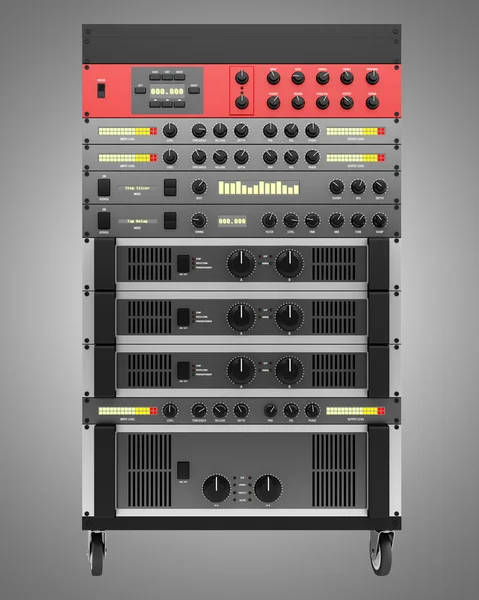 Processadores de efeitos de áudio em um rack isolado no backgroud cinza — Fotografia de Stock