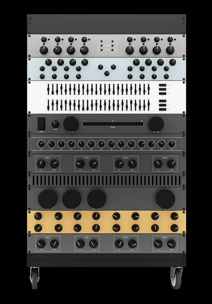 Audio efekty procesory w szafie na białym tle na czarnym tle — Zdjęcie stockowe