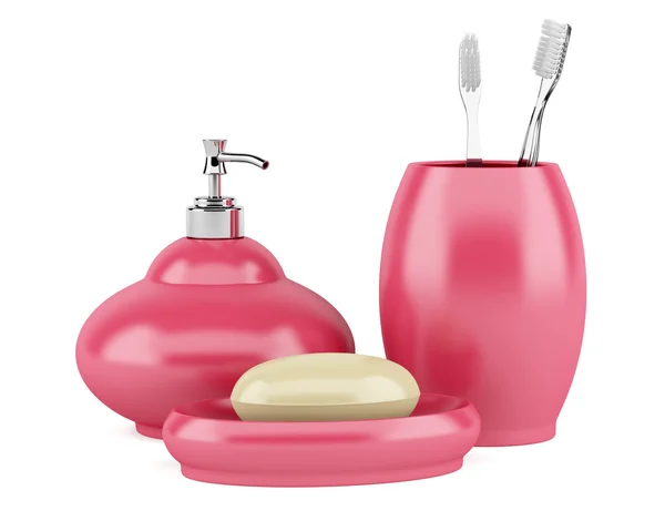 Różowy mydło i szczoteczki do zębów na białym tle — Zdjęcie stockowe