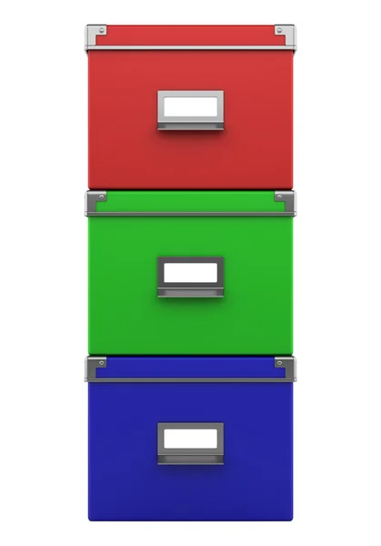 Τριών χρωμάτων γραφείο χαρτοκιβώτια που απομονώνονται σε λευκό φόντο — Φωτογραφία Αρχείου
