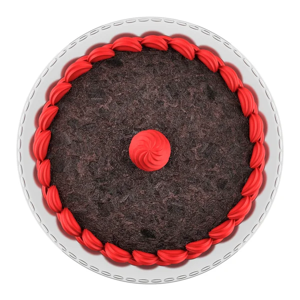 Top view of round chocolate cake with pink cream isolated on whi — Stock Photo, Image