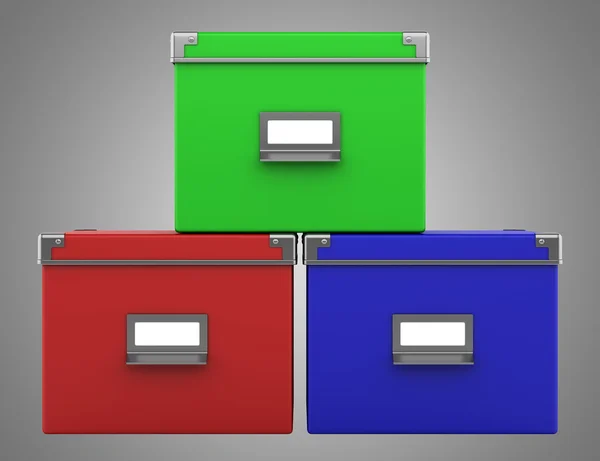 Három szín office karton dobozok elszigetelt szürke háttér — Stock Fotó