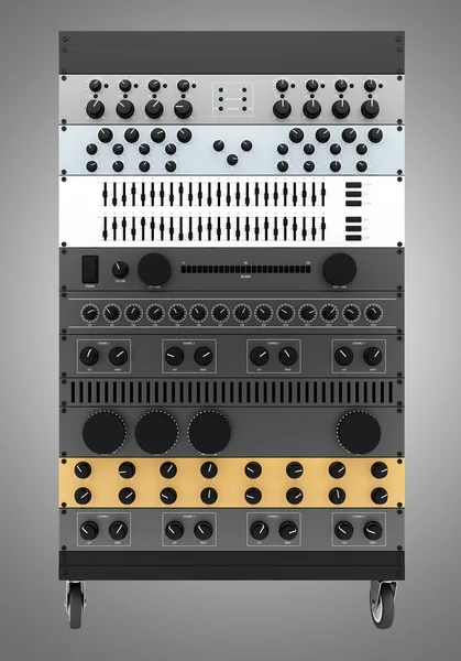 Processori di effetti audio in un rack isolato su sfondo grigio — Foto Stock