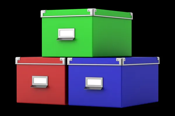 3 색 오피스 골 판지 상자 검은 배경에 고립 — 스톡 사진