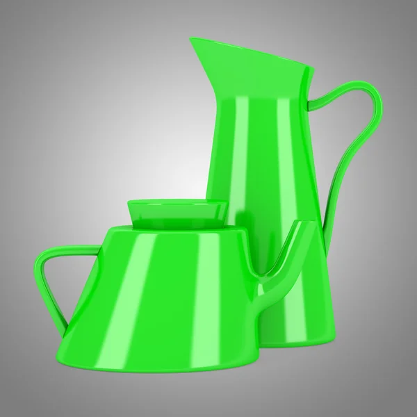 Zielony dzbanek ceramiczny i czajnik na białym tle na szarym tle — Zdjęcie stockowe