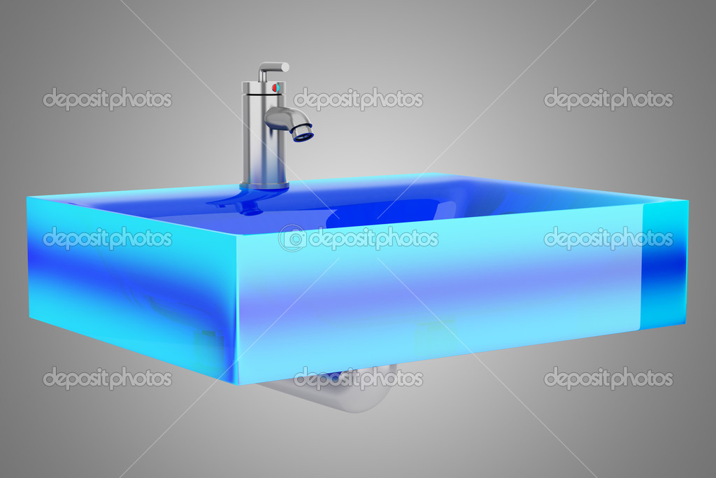 Modern Blue Glass Bathroom Sink Isolated On Gray Background Stock Modern Blue Glass Bathroom Sink Isolated On Gray Background Stock Photo