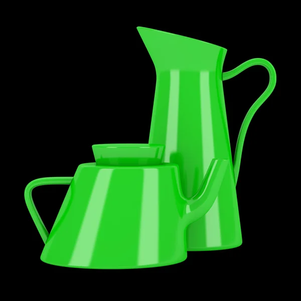 绿色陶瓷水罐和孤立在黑色背景上的茶壶 — 图库照片