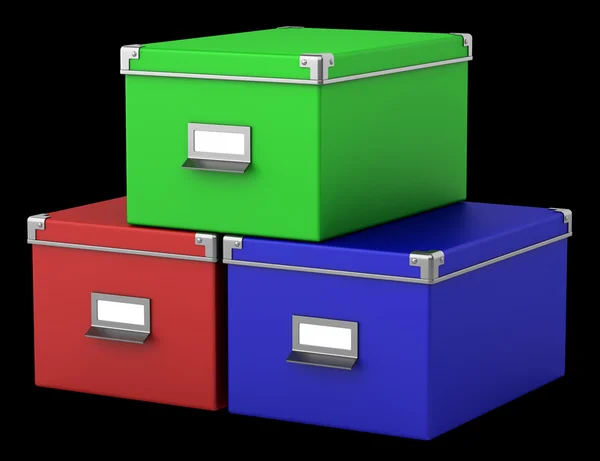 Tiga kotak kardus kantor warna diisolasi pada latar belakang hitam — Stok Foto