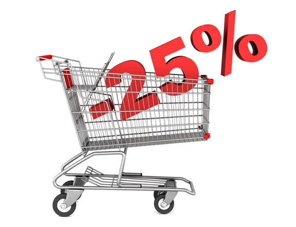 Shopping cart with 25 percent discount isolated on white backgro — Stock Photo, Image