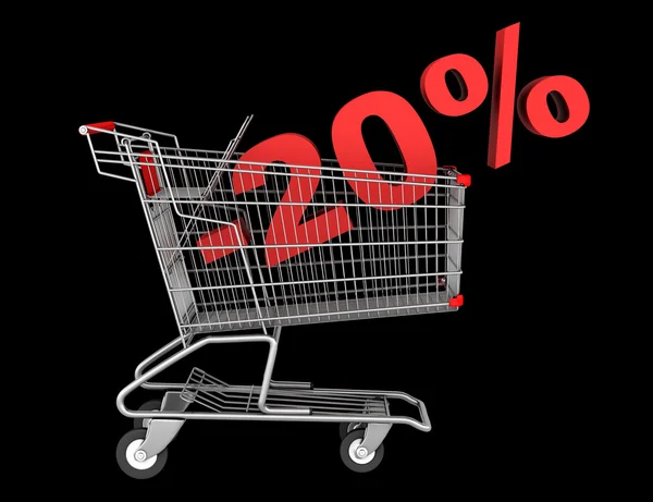 Shopping cart with 20 percent discount isolated on black backgro — Stock Photo, Image