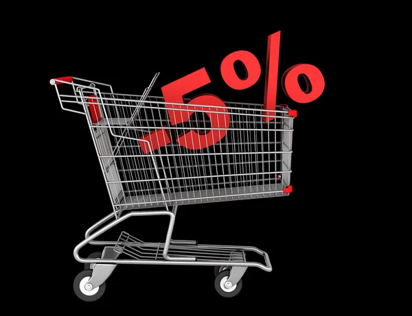 Shopping cart with 5 percent discount isolated on black backgrou — Stock Photo, Image