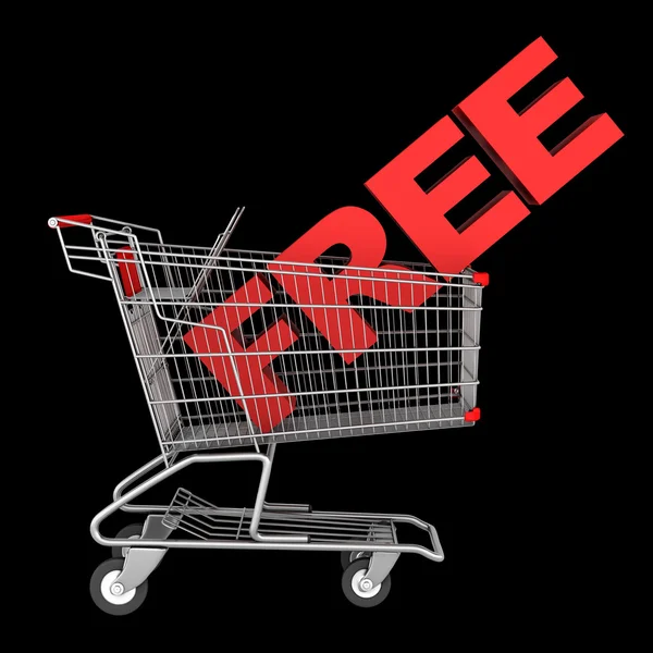 Shopping cart with word free isolated on black background — Stock Photo, Image