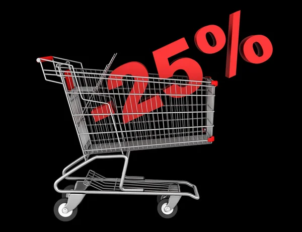 Shopping cart with 25 percent discount isolated on black backgro — Stock Photo, Image