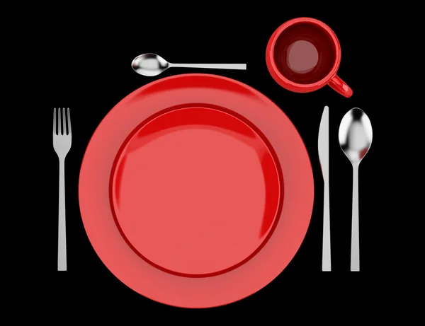Vedere de sus a setării mesei roșii izolate pe fundal negru — Fotografie, imagine de stoc