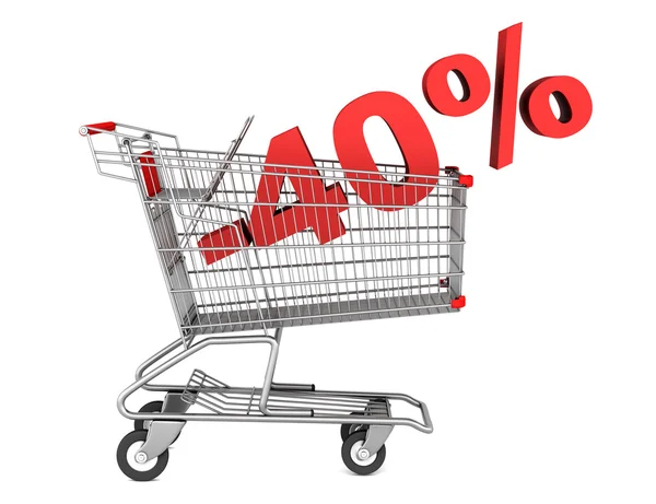 Shopping cart with 40 percent discount isolated on white backgro — Stock Photo, Image