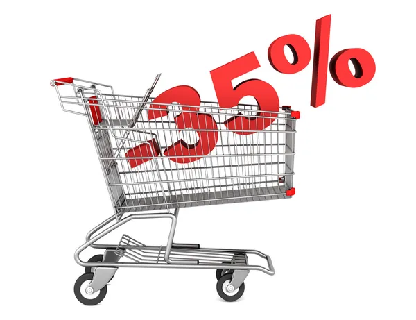 Shopping cart with 35 percent discount isolated on white backgro — Stock Photo, Image