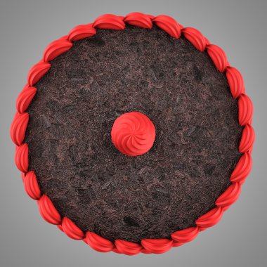 Üstten Görünüm pembe krema izole üzerinde oyun ile yuvarlak çikolatalı kek