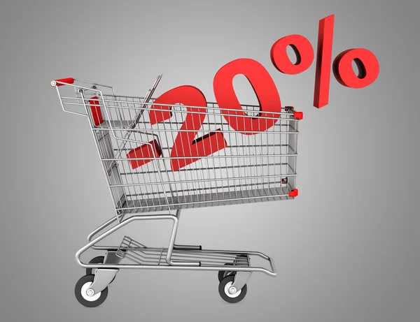 Shopping cart with 20 percent discount isolated on gray backgrou — Stock Photo, Image