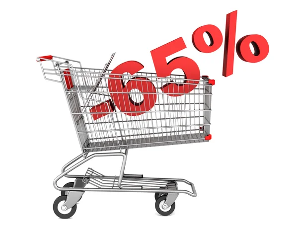 Shopping cart with 65 percent discount isolated on white backgro — Stock Photo, Image
