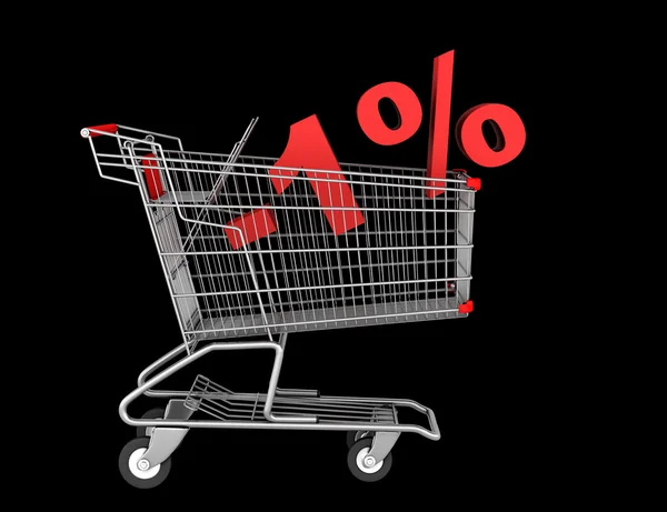 Shopping cart with 1 percent discount isolated on black backgrou — Stock Photo, Image