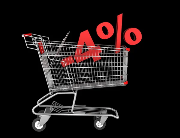 Shopping cart with 4 percent discount isolated on black backgrou — Stock Photo, Image